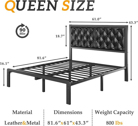 HISOFT Queen Bed Frame with Upholstered Button Tufted Headboard, Bed Frame Platform Metal Slats Support, Under Bed Storage, No Box Spring Needed, Noise-Free, Easy Assembly, Black