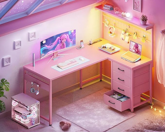 MOTPK L Shaped Gaming Desk with Drawers & LED Light & Power Outlet, 43" Reversible Computer Table with Shelves & Hooks for Home Office, Carbon Fiber Pink