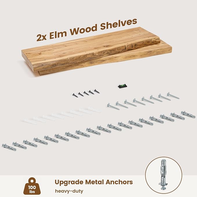 Venusmiles Live Edge Elm Floating Shelves for Wall Decor, Rustic Solid Wood Shevles Wall Mounted with Invisible Bracket for Living Room Bathroom Bedroom Kitchen, 30 Inch Set of 2, Natural