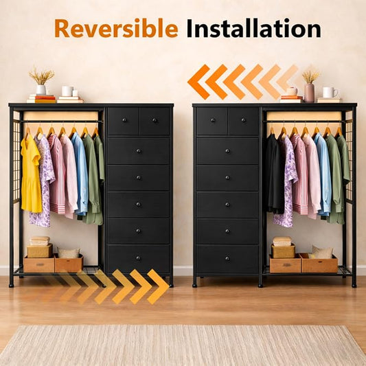 Simple Deluxe Storage Clothes Rack with 6 Drawers, Charging Station & LED Lights, Fabric Chest Shelves Clothing Rack, Wooden Portable Wardrobe Closet, 49.2" W x 15.7" D x 47.2" H, Black