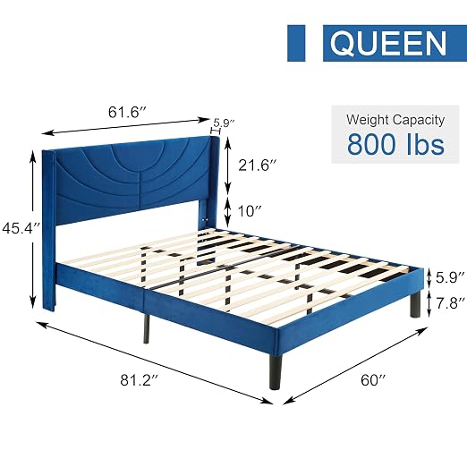 VECELO Queen Bed Frame Upholstered Platform with Fabric Headboard,Wooden Slats Support/No Box Spring Needed/Mattress Foundation,Dark Blue