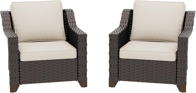 Patio 2 Pieces Wicker Chairs Set of 2,Outdoor PE Rattan Armchairs, Water-Resistant Cushions with Removable and Washable Covers, Porch, Balcony, Sunroom (Beige)