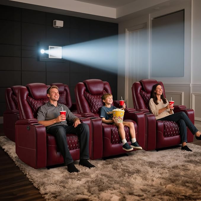 ANJ Power Recliner Chair Set of 4, Electric Soft Faux Leather Reclining Home Theater Seating - USB Ports, Cup Holders, Hidden Arm Storage Movie & Media Room Chairs (Red)