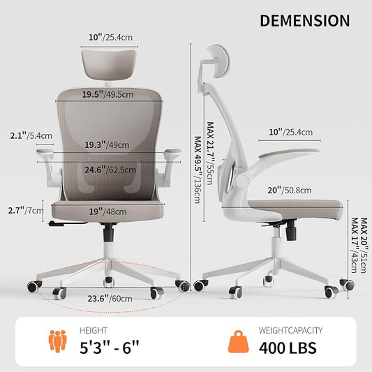 Office Chair Ergonomic Desk Chair with Lumbar Support&Headrest&Flip-up Arms Height Adjustable Rocking Swivel High Computer Chair Multi-Angle from 90° to 125° with 350LBS Capacity(White+Khaki-2)