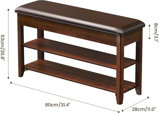 LBT Solid Wood Entryway Shoe Bench with Storage, Adjustable 2-Tier Shoe Rack, Flip-Top Hidden Compartment, Padded Leather Seat, Heavy-Duty 550 lb Capacity for Entryway, Mudroom, Closet 31.5 inch