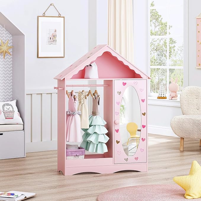 UTEX Kids Dress Up Storage with Mirror, Kids Wardrobe Closet, Dress Up Armoire for Little Girls, Open Hanging Costume Organizer with Storage Cabinet for Kids Room, Playroom