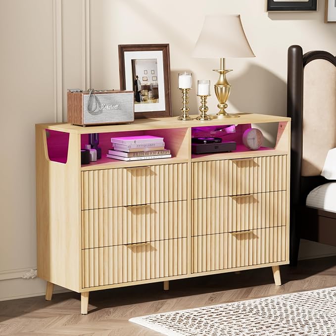 VINGLI Fluted Dresser Led, 6 Drawer Dresser for Bedroom, Light Wood Bedroom Dressers Oak, 47" W*15.75" D*33" H