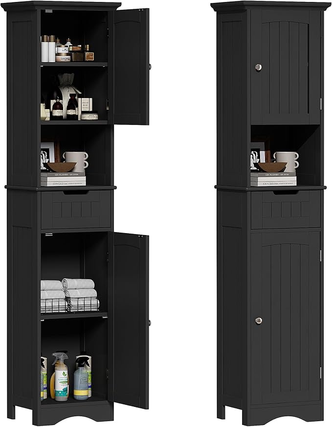 ChooChoo 67" Tall Bathroom Storage Cabinet Freestanding with Adjustable Shelves, Narrow Storage Linen Cabinet with 2 Doors and 1 Drawers for Bathroom, Living Room, Kitchen, Black