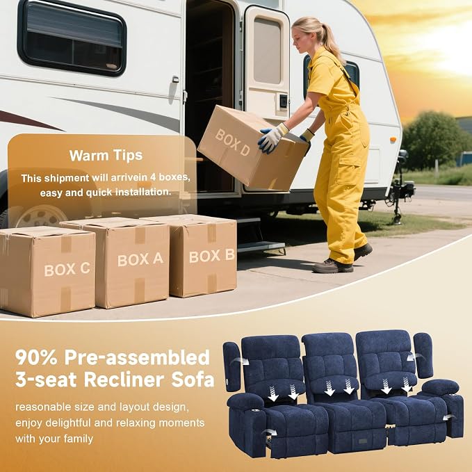 Loveseat Recliner Sofa with Flip Backrest Design, 3 Seat RV Recliner Sofa with USB Ports & Pockets, Wall Hugger Reclining Loveseat with Cup Holders & Drawer, RV Couch for Home Theater Seating