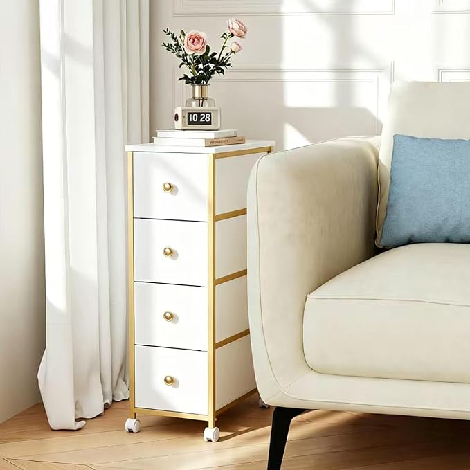 Narrow Storage Cabinet, Narrow Nightstand Dresser with 4 Drawers, Slim Fabric Dresser Storage Tower for Small Spaces, Gold Dresser for Bedroom, Bathroom, Laundry, Closet