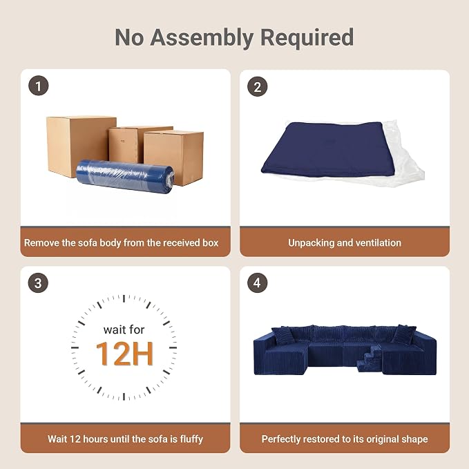 128" U-Shaped Boneless Couch, Modern Sectional Modular Couch with Double Chaise, Deep Seat Boneless Couches for Living Room Bedroom with Pet Stair, No Assembly Required, Blue
