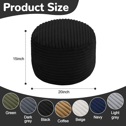 MeMoreCool Stuffed Round Pouf Ottoman Foot Rest, Soft Plush Floor Pouf Foot Stool, Corduray Footstool Footrest, Small Round Ottoman for Living Room Couch Sofa Chair, 20x15 Inch Black