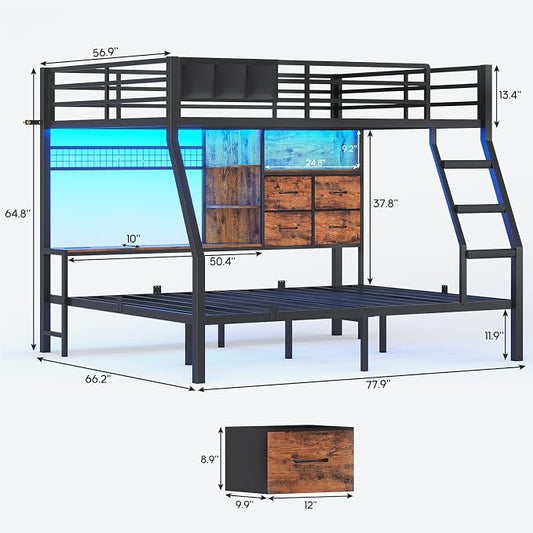BTHFST Full Over Full Bunk Beds with 4 Storage Drawers & Shelves & Bedside Caddy, Bunk Bed with Charging Station & LED Lights, Full Size Bunk Bed with Safety Guardrail & Angled Ladder, Rustic Brown