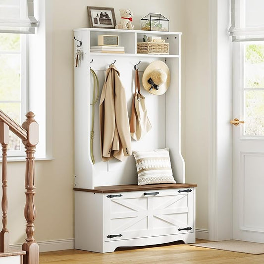 HOOBRO Hall Tree with Bench, Entryway Bench with Coat Rack and Shoe Cabinet, Flip Drawers, Farmhouse Hall Tree with Shoe Organizer, Mud Room, White and Walnut WH85MT01