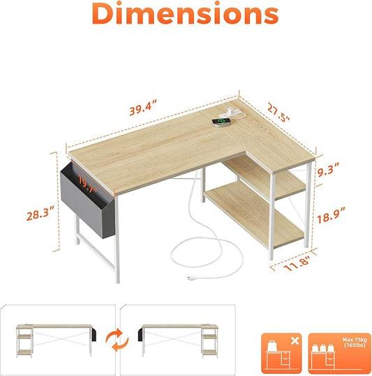 Mericonia Small L Shaped Computer Desk with Power Outlets, Reversible Gaming Desk with Storage Shelves, Corner Gamer Desk Table, Study Writing Table