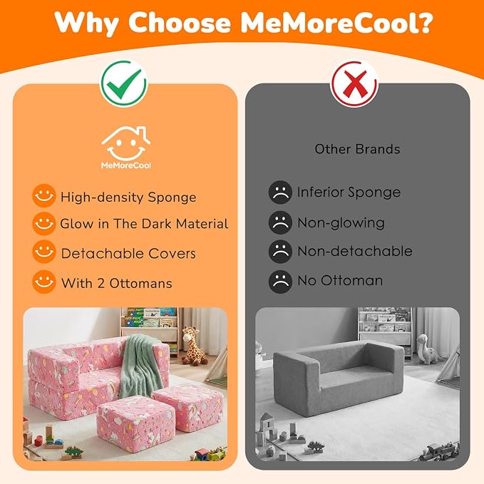 MeMoreCool Colorful Unicorn Glow-in-the-Dark Kids Play Couch, Modular Toddler Couch that Folds Out to Bed, Convertible Foam Loveseat for Girls Bedroom and Playroom