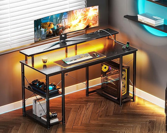 ODK 48 inch Computer Desk with Power Outlets & LED Lights, Gaming Desk with Monitor Stand & Storage Sheves, Home Office Desk, Carbon Fiber Black
