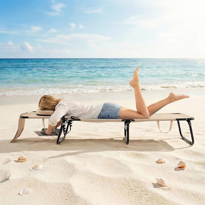 GYMAX Beach Lounge Chair, Sunbathing Chair Patio Lounge Chair Folding Adjustable Recliner with Hole for Face (1, Sand)