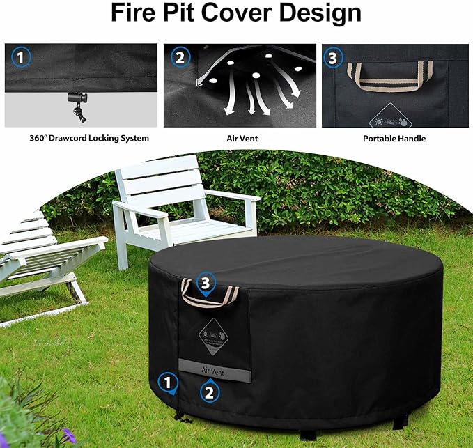 QH.HOME Fire Pit Cover Round Super Waterproof, 40 inch Outdoor Round Firepit Cover 600D Strong Tear Resistant, UPF 50+ Fire Pit Covers Premium Fading Resistant for Outdoor Fire Pit - Black