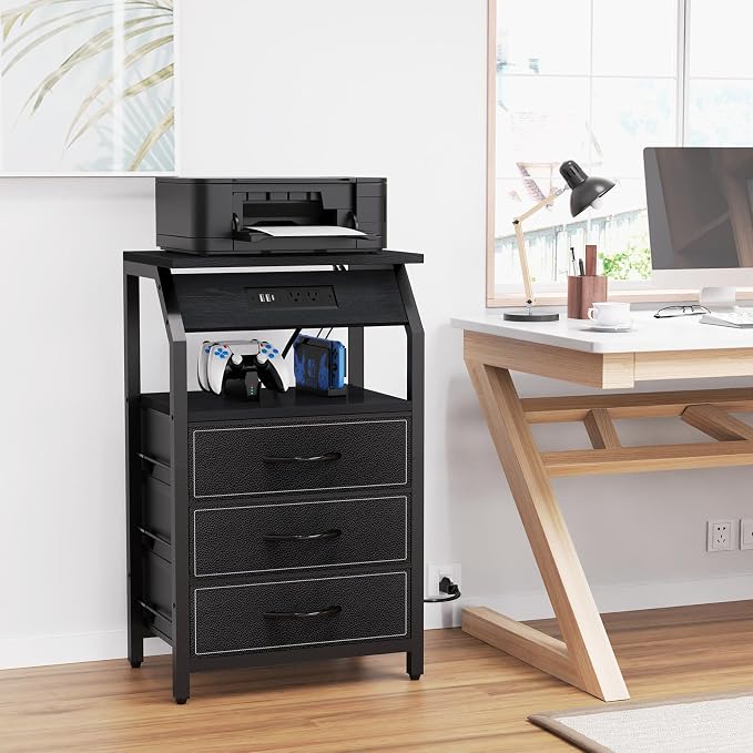 SZLHANJZ End Table with 3 Drawers, Nightstand with Charging Station and LED Lights, Small Fabric Night Stand for Bedside, Storage Side Table for Living Room Dorm, Black
