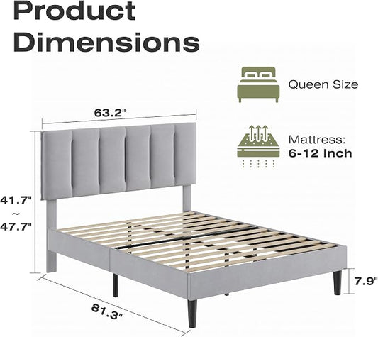 VECELO Queen Size Bed Frame with Upholstered Headboard, Heavy-Duty Bedframe with Strong Wooden Slats Support, No Boxing Spring Needed, Light Grey