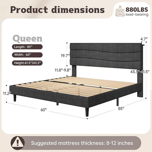 EnHomee Queen Bed Frame with Adjustable Height Upholstered Headboard, Charging Stations, Noise-Free Platform Bed,No Box Spring Needed, Easy Assembly,Grey