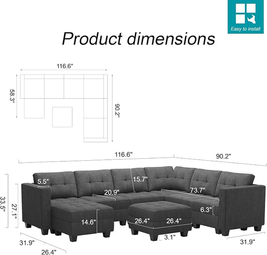 Belffin Modular Sectional Sofa Set with Ottomans Oversized U Shaped Sofa Set with Storage Seat Modular Sofa Couch with Reversible Chaises Modern Fabric Dark Grey