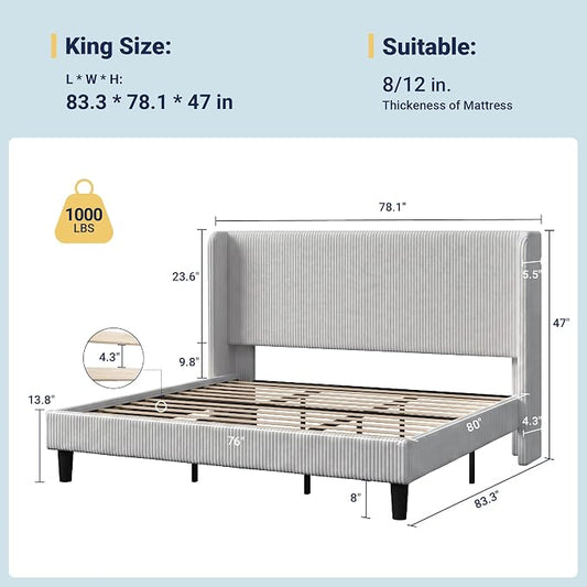 Allewie King Size Bed Frame with Upholstered Wingback Headboard, Vertical Channel Tufted Corduroy Velvet Platform Bed, Strong Wooden Slats Support, No Box Spring Needed, Easy Assembly, Light Grey