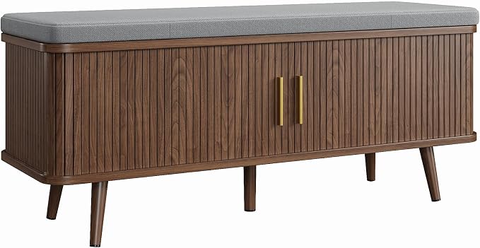 Decofy Shoe Storage Bench with Cushion and Sliding Doors, 47.2 Inch Shoe Bench with Storage, Freestanding Entryway Bench with Shoe Storage, with Solid Wood Legs, for Hallway & Entrance Hall, Walnut