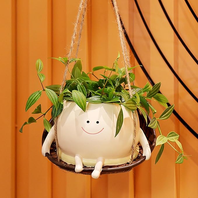 NINIPAPA Hanging Swing Chair Planter Pot Smile Face Plant Pot for Indoor Outdoor Plants Cute Head Flower Pots for Succulent String of Pearls Unique Gift on Mother's Day, Birthday, Christmas - Large