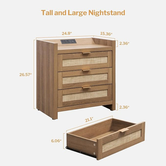 SICOTAS Larger Rattan Night Stand - Tall Nightstands with Type-C Charging Station, 3 Storage Drawers, Boho Bedside Table End Table with Storage for Bedroom Sofa Couch Office - Natural Oak