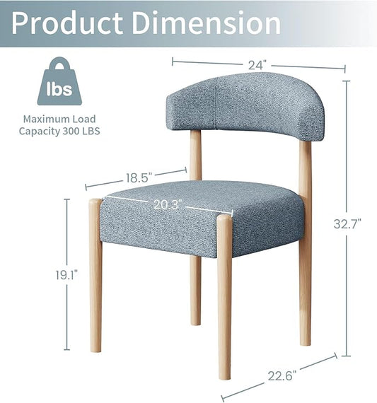 VKNOW Wooden Dining Chairs Set of 2 with Curved Open Back, Blue | Natural Rubberwood Legs, Soft Chenille Fabric, Thickened Cushion, For Adults and Family, Dining Room, Kitchen, No Wobble