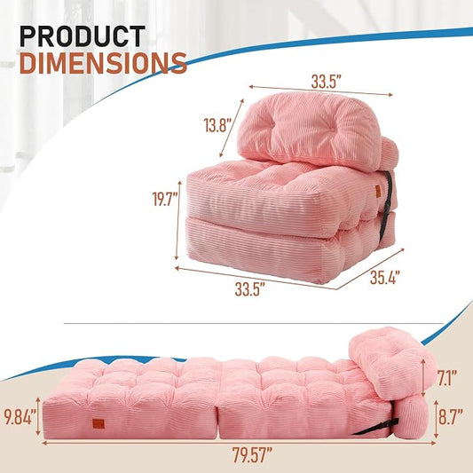Folding Sofa Bed, Convertible Sleeper Chair with Back Support and Pillow Futon,Boneless Foldable Couch for Living Room/Guest Use/Home Office, Foldable Chair Bed for Adults, Pink