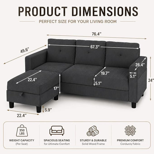 Convertible Sectional Sofa with Storage Ottoman, 77” L-Shaped 3-Seat Couch with Skin-Friendly Corduroy Fabric, Reversible Small Sectional for Small Space, Apartment, Living Room and Office(Dark Grey)