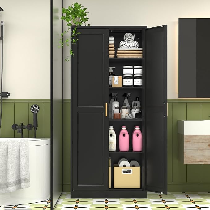 Polup Pantry Cabinet, 71 Inch Tall Kitchen Storage Cabinet, Metal Pantry Cabinet with Doors and Adjustable Shelves, Freestanding Heavy Duty Steel Utility Cupboard for Garage, Laundry, Black