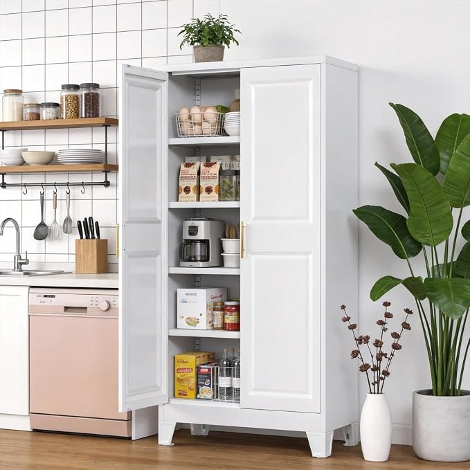 61.4" White Metal Pantry Storage Cabinet, Farmhouse Kitchen Cupboard with 3 Adjustable Shelves, Magnetic Closure, Anti-Tip Kit & Moisture-Proof Legs for Kitchen, Living Room, Assembly Required
