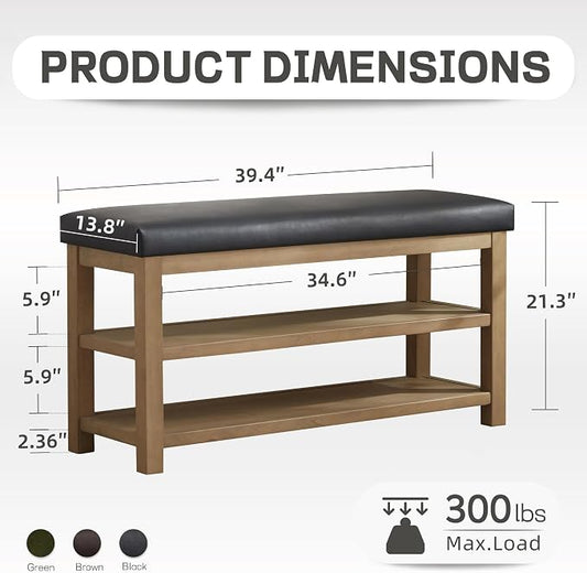 Zihanhome Shoe Rack Bench with Leather Cushion, 2 Tier Solid Wood Storage Bench, Mid-Century Modern Shoe Bench for Entryway, Hallway, Closet, Front Door Entrance, Foyer (Black, 39.4")