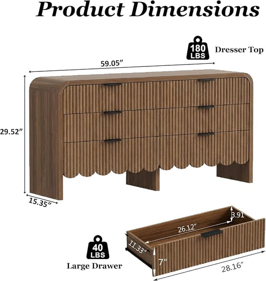 59" Scalloped Walnut Dresser for Bedroom,Fluted 6 Drawer Dressers, Chest of Drawers Espresso Dresser for Nursery and Kids Room, Living Room,TV Stand