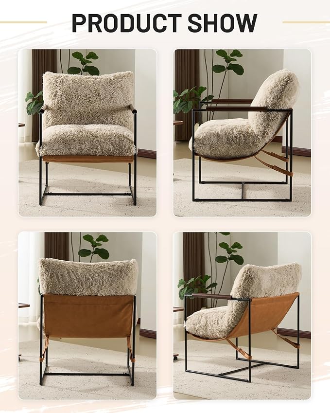 Karl home Modern Metal Frame Accent Chair, Khaki | Plush Fleece Upholstered, Wood Padded Armrest, 28" Seat Width, Comfy Lounge Armchair for Living Room, Bedroom, Apartment