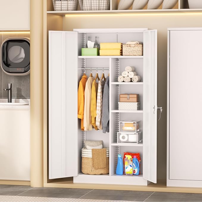 INTERGREAT Wardrobe Cabinets with Locking Doors and Shelves, Clothing Locker 72“ X 32“ X 16“ Storage Cabinets for Home Room, School, Employee,Gym (White)