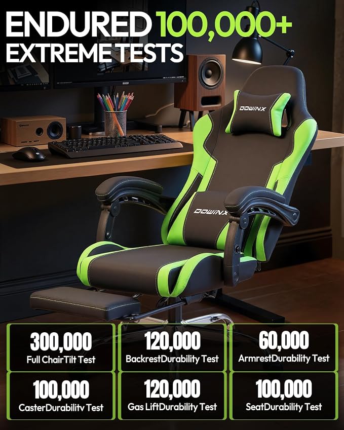 Dowinx Ergonomic Gaming Chair with Footrest & Massage Lumbar, 2D-Linkage Armrests for Computer Chair 330lbs with Headrest Pillow for Office, Home, Streaming and Long Gaming Sessions, Green