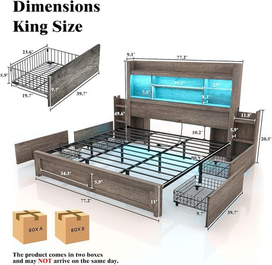 LUXOAK King Bed Frame with 49.6" Bookcase Headboard & 2 Bedside Stoage Racks & 4 Drawers, Farmhouse Wood Bed Frame with RGB LED & Charging Station, No Box Spring Needed, Grey