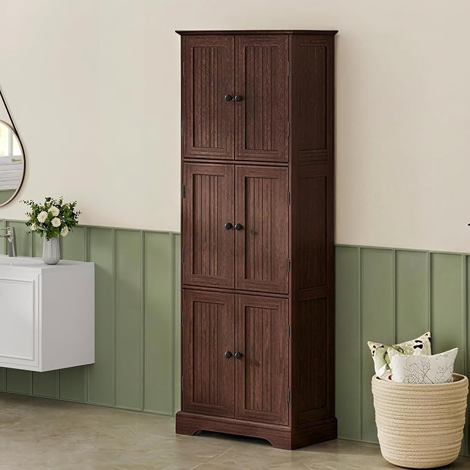 ChooChoo Tall Bathroom Storage Cabinet with 6 Doors, Freestanding Floor Cabinet with Adjustable Shelves, Rustic Walnut Pantry Cabinet for Bathroom, Kitchen, Laundry Room