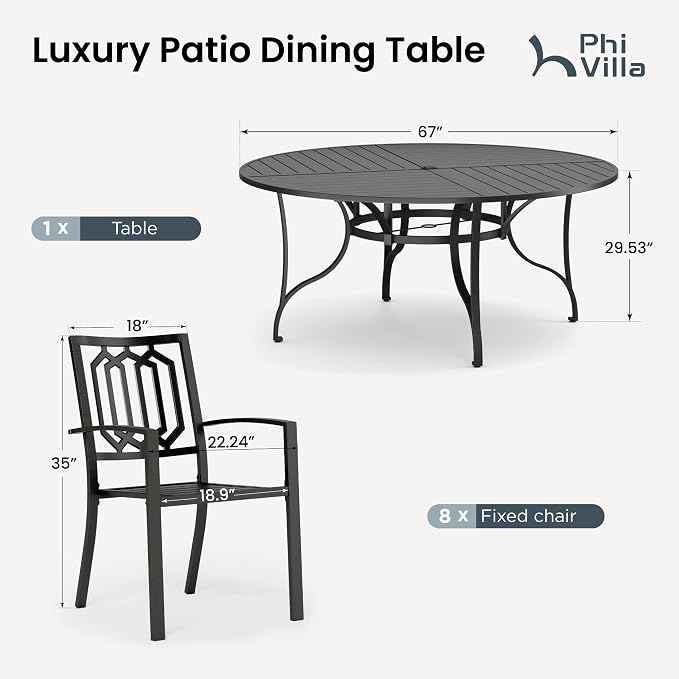 PHI VILLA 9 Pieces Outdoor Dining Set for 8, 67" Black Round Metal Table with Umbrella Hole & Stackable Wrought Iron Chairs, Large Outside Furniture Set for Patio, Deck, Yard, Porch