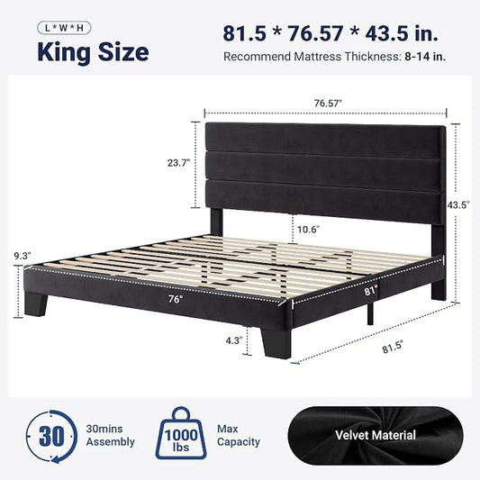 Allewie King Size Platform Bed Frame with Velvet Upholstered Headboard and Wooden Slats Support, Fully Upholstered Mattress Foundation/No Box Spring Needed/Easy Assembly, Black