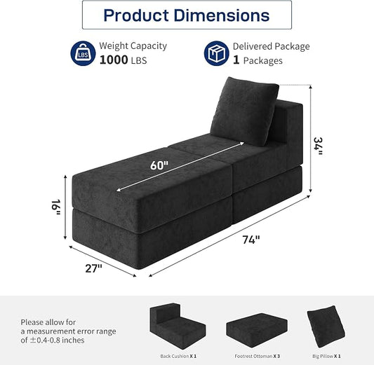 Living&Giving Cloud Sectional Couch for Living Room, Modular Boneless Couch with 1 Ottoman, Middle-seat Can Be Combined with Modular Sofa, Customizable Layout for Any Space, Black