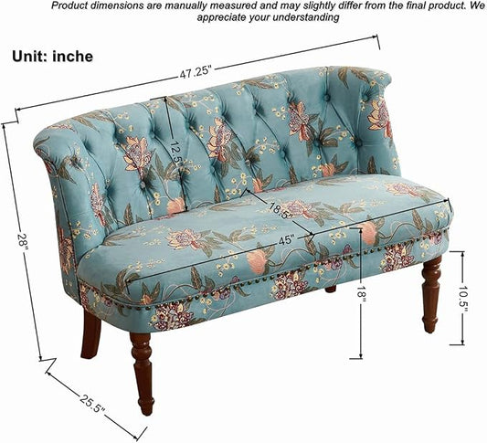 47" Upholstered Entryway Bench with Back, Tufted Entry Bench with Wood Leg | Mid-Century Modern Small Bench Floral Print Loveseat Seating Benches Sofa for Balcony, Living Room, Bedroom (47" /w back)