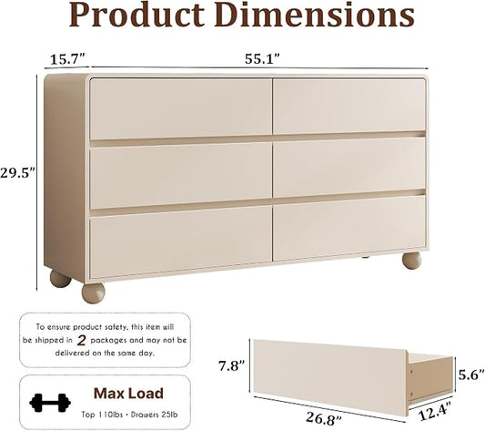 MAISONARIA Mid-Century 3-Piece Dresser Bedroom Set, 6 Drawer Dresser & 2 Drawer Nightstands with Curved Profile Design & Handle Free, Wood Chest of Drawers for Bedroom, Living Room, Hallway, Beige