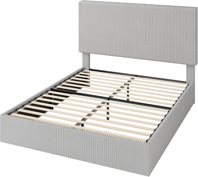 Allewie Full Bed Frame, Upholstered Platform Bed, Adjustable Vertical Channel Tufted Headboard, Corduroy Fabric, Modern Low Profile, Wooden Slats, No Box Spring Needed, Easy Assembly, Light Grey