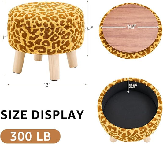 Wimarsbon Storage Ottoman, Modern Round Footrest with Soft Padded Seat, Pattern Velvet Footstool with Wood Legs, Accent Small Table or Plant Stand for Hallway, Living Room (Yellow)